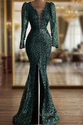 Green Sequin V Neck Mermaid Evening Prom Dresses